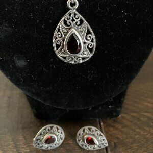 Vintage 925 Silver Garnet and Marcasite Necklace & tear drop Earring set